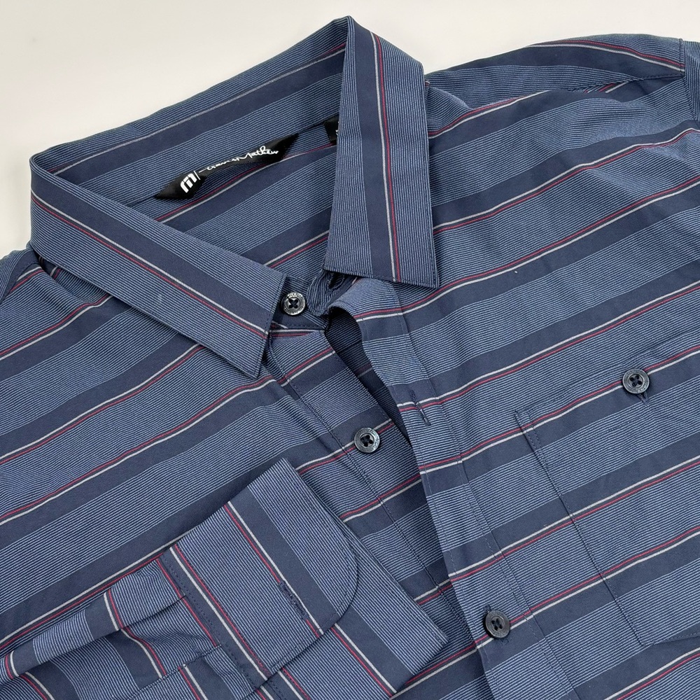 Travis Mathew M‎ Nylon Blue Red Striped Long Sleeve Button Down Shirt